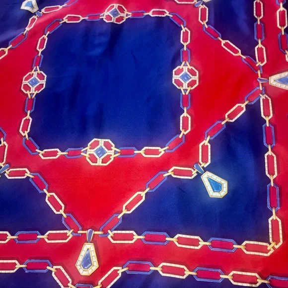CARTIER Must de France Silk Scarf Vintage Navy Blue & Red Gold Chain Jewel Logo